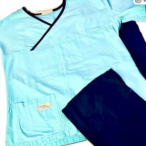 Urbane Light Blue and Navy Scrub Top and Navy Scrub Pants